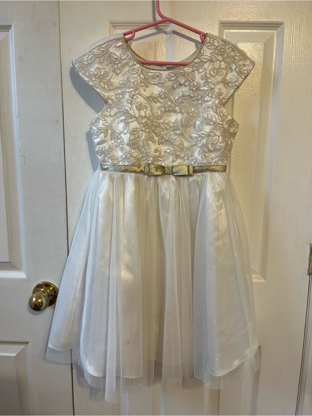 Jona Michelle Ivory Dress with Gold Bow and Embroidered Bodice